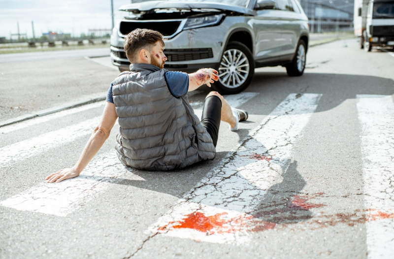a person sitting on the street with blood on his hand after a car accident